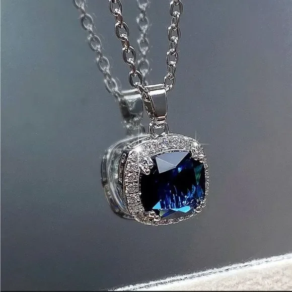 💙 Cushion Cut Blue Sapphire Cz Diamond Halo Necklace - Picture 2 of 14